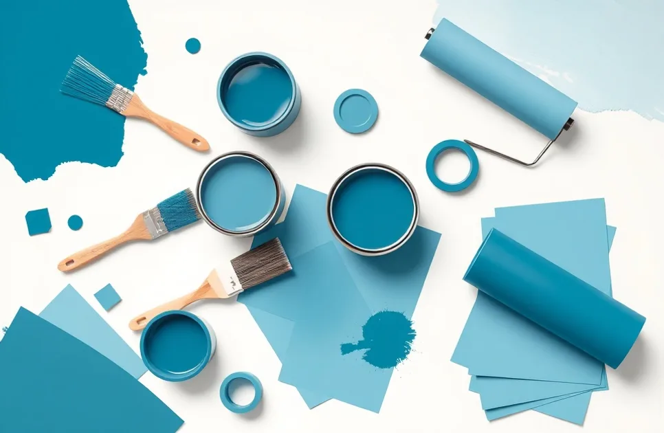 Pots de peinture, nuancier, brosses et rouleaux disposés à plat