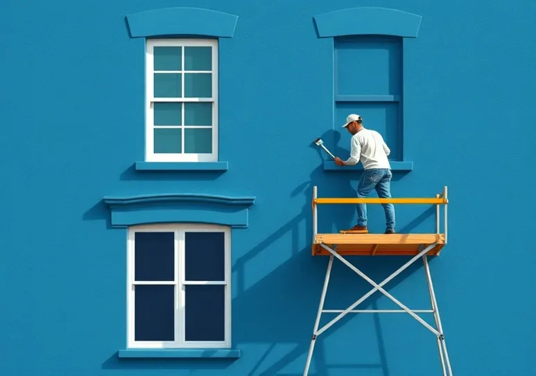 Peintre sur échafaudage traitant la façade d'une maison