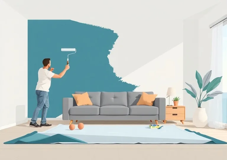 Peintre appliquant la peinture au rouleau sur un mur de salon